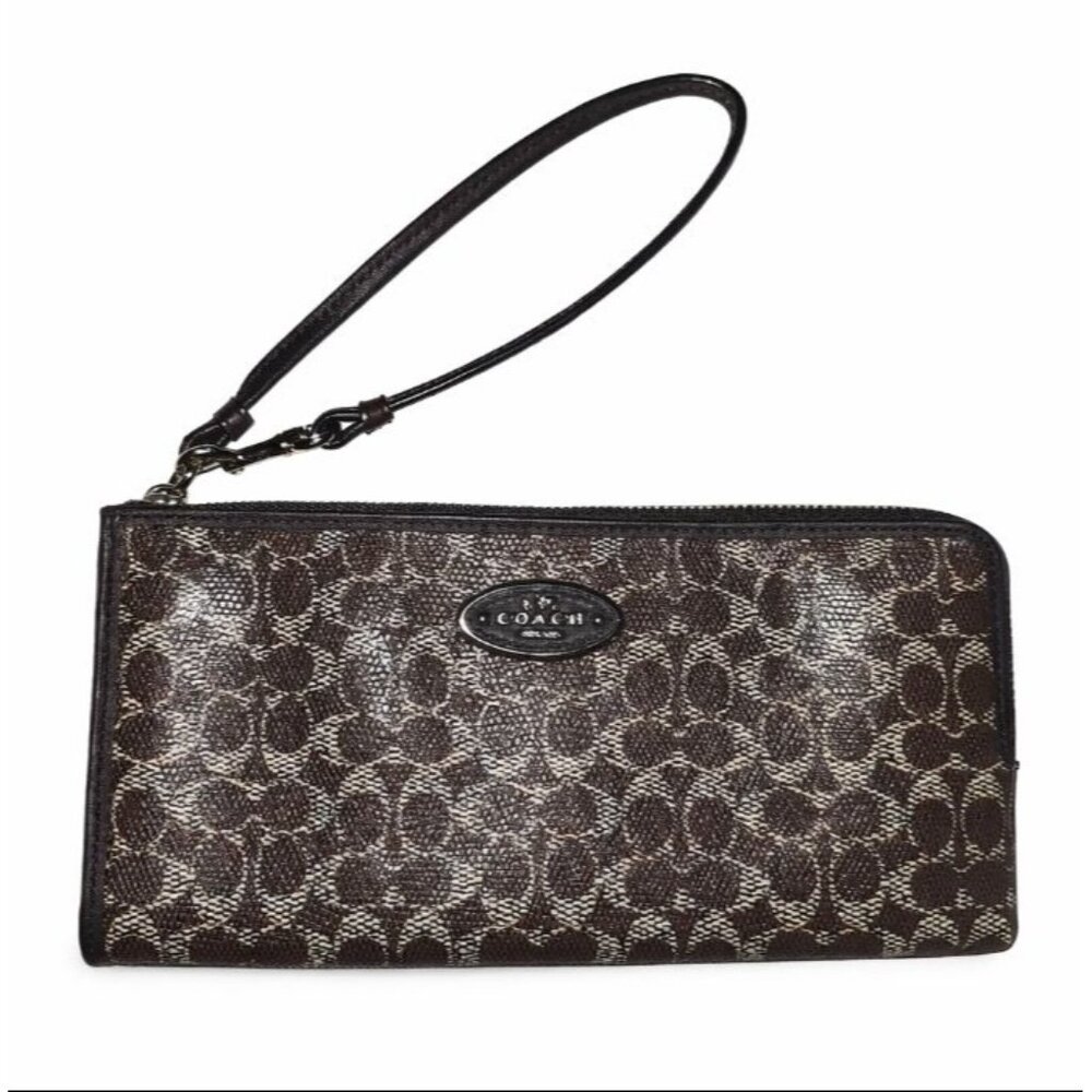 Coach Universal Signature Brown White L Zip Coated Canvas Wristlet, NWOT
